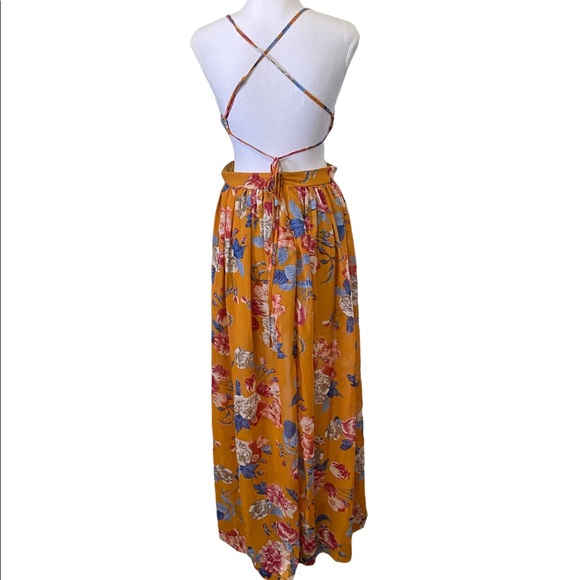 Yellow Floral Plunge Neck Long Dress - Summer Dress - Picture 2 of 8